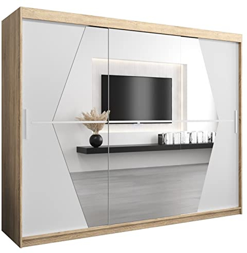 KRYSPOL Schwebetürenschrank Boliwia 250 cm mit Spiegel Kleiderschrank mit Kleiderstange und Einlegeboden Schlafzimmer- Wohnzimmerschrank Schiebetüren Modern Design (Sonoma + Weiß)