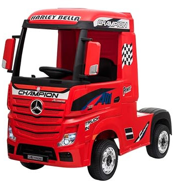 MONDIALTOYS Camion électrique pour enfants Mercedes Actros Truck 12V avec siège en cuir à télécommande portes ouvertes roues en caoutchouc entièrement facultatif (sans remorque, rouge)