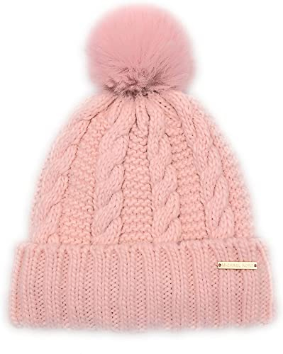 Michael Kors Mütze I Damenmütze I Bommelmütze I Wollmütze I Wintermütze I One Size I Strickmütze I Weiche Acrylwolle I Logo (Rosé)