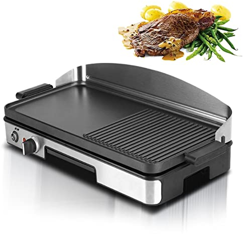 Piastra per Barbecue Elettrica 1750W Griglia Elettrica Professionale in Ghisa 50x25 cm Bistecchiera Elettrica Griglia Professionale con Temperatura Regolabile e Superficie Scanalata per Ristorant