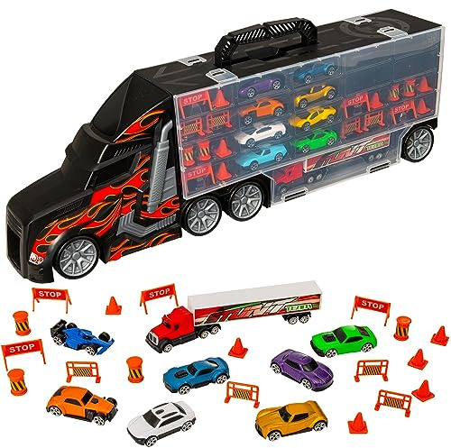 Teamsterz Großer Auto-Transporter-Launcher-Truck, inklusive neun 7,6 cm Druckguss-Autos und Bau-Straßenarbeiten-Zubehör, einfache Aufbewahrung und transportierbares Auto-Transporter-Spielzeug