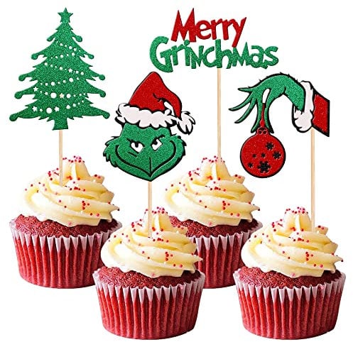 Xsstarmi 24 Pack Merry Christmas Cupcake Toppers Red Green Glitter Christmas Tree Cupcake Picks es Christmas Cake Decorations for Merry Christmas Holiday Theme Birthday Party