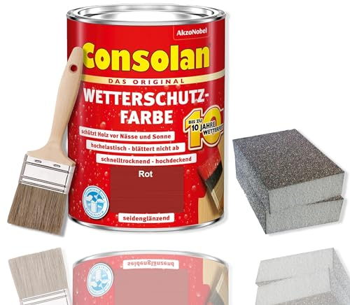 Consolan Wetterschutzfarbe Set 2,5 l Holzfarbe Dauerschutz Deckend mit Zubehör (Rot)