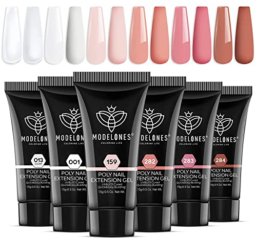 Modelones Polygel 6 Couleurs 15 ml Extension pour Ongles Faux Ongles Rose Construction Vernis Semi Permanent Quick Building Extender Gel Complet pour Manucure Nail Art Debutant