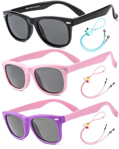 Lentes de Sol Flexibles para Niños y Niñas Polarizados Irrompibles Protección UV400 Certificado Bebés Gafas con Funda, 2-8 Años (Negros + Morado/Rosa + Rosa/Cian)