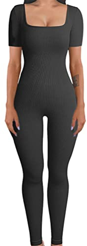 ORANDESIGNE Damen Yoga Jumpsuits Gerippter Gestrickter Quadratischer Kragen Schlanker Sexy Stretch Overall Langarm Sport Workout Figurbetontem Einteiliger Anzug D Schwarz XXL