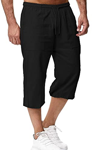 LVCBL Men's Cotton Linen Loose Shorts Summer Beach Shorts Schwarz L