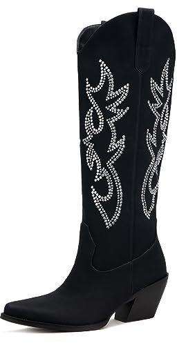 Pasuot Rhinestone Cowboy Boots for Women,Wide Calf Knee High Cowgirl Boots with Side Zipper and Sparkly Glitter Embroidery, Black, 6 UK