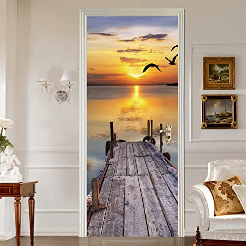 Sticker Porte Poster Paysage marin au coucher du soleil Papier Peint Trompe l'oeil Pour Salon Chambre Décoration De La Maison Stickers Muraux Imperméable Stickers Amovibles 83 x 204cm