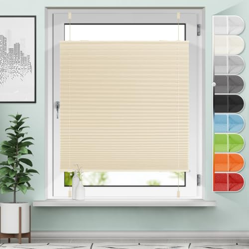 Sanfree Plissee ohne Bohren Klemmfix Beige B85 x H110cm Jalousie Faltrollo Plisseerollo ohne Bohren für Fenster & Tür