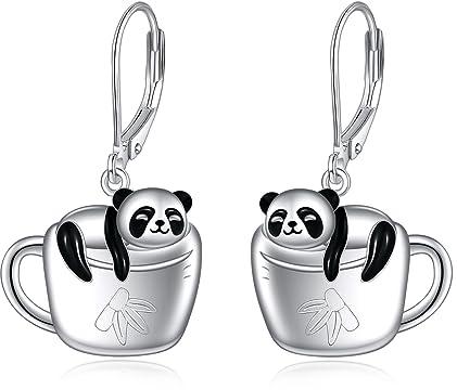 POPLYKE Panda Ohrringe für Mädchen 925 Sterling Silber Cup Panda Dangle Ohrringe Nette Tier Leverback Ohrringe Panda Schmuck Geschenk für Damen