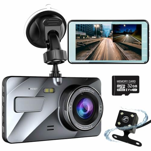 Dash Cam for Car With 32GB Memory Card, Front and Rear Cameras 1080P Full HD, 4'' Screen Car Camera 170° Wide Angle, G-Sensor, Loop Recording, Parking Monitor, Night Vision, Motion Detection