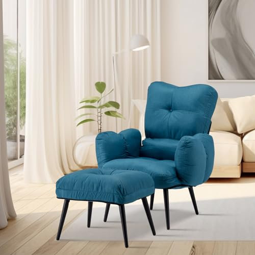CLIPOP Ohrensessel Leinen mit Hocker, Relaxsessel mit Liegefunktion, Sessel & Ottomane, Polsterstuhl & Kissen, Fernsehsessel, TV-Sessel für Schlafzimmer, Wohnzimmer (Blau)