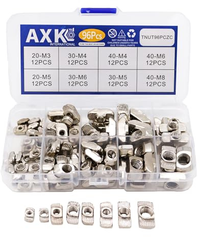 T-Nut Kit for Aluminum Profiles (2020/3030/4040) - 96PCS Industrial Strength Hammer Head Sliding T Nuts - M3/M4/M5/M6/M8 Fastener Set by AXK