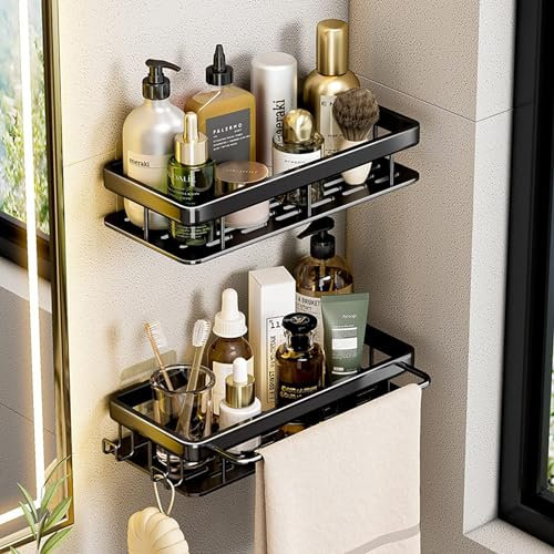 Etagère Douche,Étagères de Salle de Bain avec Porte-Serviettes et 2 Crochets,Étagère de Douche Auto-adhésif Aluminium sans Perçage Organisateur de Douche Rangement Mural,pour Salle de Bain et Cuisine