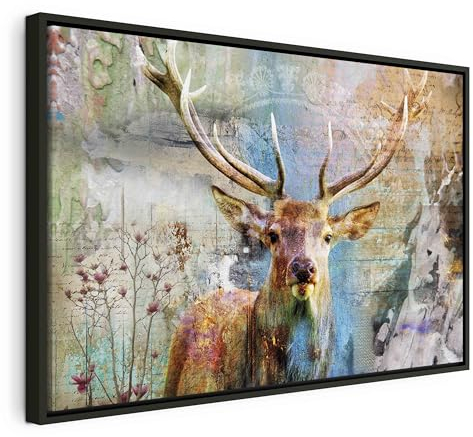murando Bilder mit Rahmen 90x60 cm Wandbilder groß Leinwandbild XXL schwarzer Holzrahmen modern Wanddekoration Kunstdruck Wanddeko Wohnzimmer Schlafzimmer Abstrakte Tier bunt Wald Natur Blumen