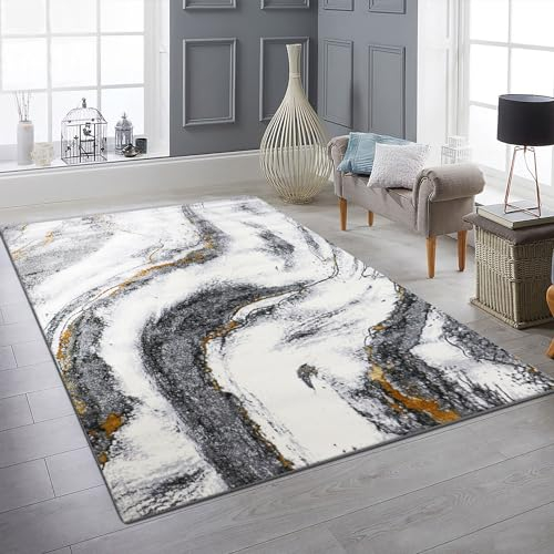 VIMODA Wohnzimmer Teppich mit Marmor-Optik in Grau und Gold Tönen Glanz Modern, Maße:200x290 cm