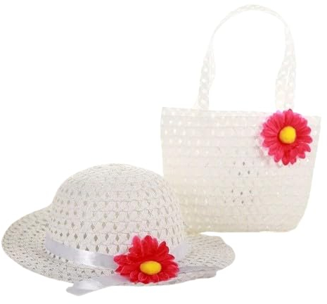 Generic Gabiti - Juego de Sombreros y Bolso de Color blanc0, Hecho de Paja para niñas, Fiesta de té, Fiesta de Pascua, Flores, Verano, Playa