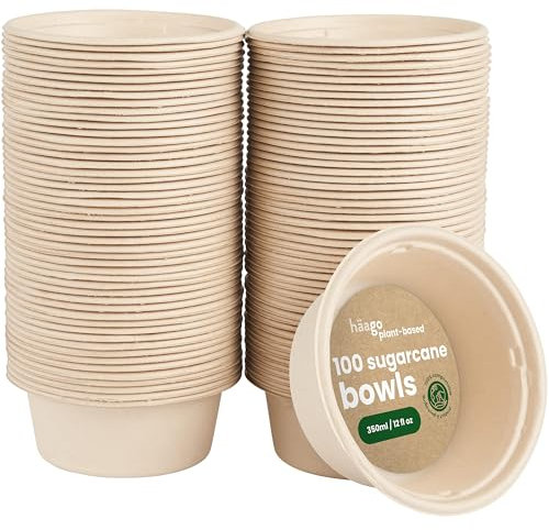 HAAGO 200 Eco-Friendly Sugarcane Bowls Biodegradable & Home Compostable - Like Paper Bowls, Disposable Bowl for Hot Food & Cold Food - 350ml