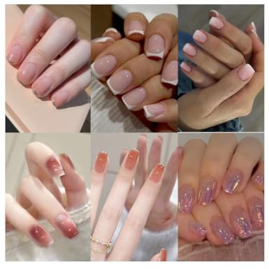 6 Packs(144Pcs) Salon Acrylic Press On Nails, French Glossy Glitter Color Gradient false Nails short, Square Shape,6 bottles of Glue,1 Prep Pad,1 Jelly Adhesive Tape,1 Manicure Stick,1 Mini File