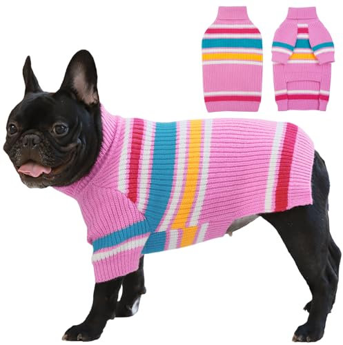 IECOii Hundepullover für große Hunde, großer Hundepullover für Rüden und Hündinnen, warmer Weihnachts-Hundepullover, gestreifter Hundepullover für Mädchen, Winterkleidung für französische Bulldoggen,L