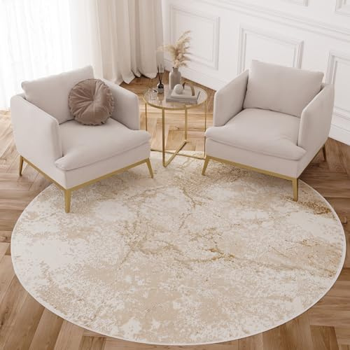 TAPISO Crystal Rund Teppich Kurzflor Glänzend Braun Beige 200 x 200 cm | Marmoreffekt 3D Effekt Wohnzimmer Schlafzimmer Modern Design OEKO-TEX