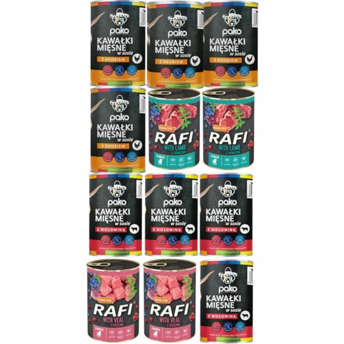 Dolina noteci Rafi & PAKO Nassfutter Set für Hunde | 12x400g | Rafi Junior Kalb & Lamm | Pako Huhn & Rind