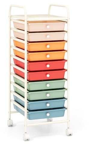 COSTWAY Rollwagen mit Schubladen Rollcontainer Badrollwagen Badtrolley Badregal Beistellwagen mit 10 stapelbaren Schubladen Metallgestell (Macaron bunt)