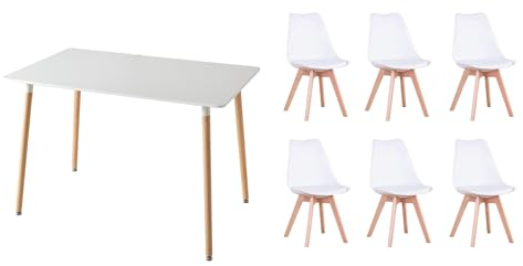 GrandCA HOME Esszimmergruppe mit 6 Stühlen, Essgruppen-Set mit 6 Esszimmerstühlen und Esstisch, für Wohnzimmer, Küche, Büro, (6 Weiß Stühle + 1 Weiß Tisch)