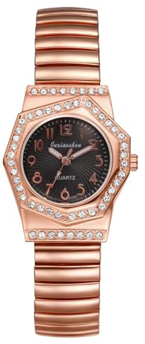 JewelryWe Damenuhr Elastische Achteckige Uhr: Glitzer Zirkonia Diamant Analog Quarz Armbanduhr Damen Rosegold Edelstahl Stretcharmband Schwarz Zifferblatt Uhr mit Zugarmband & Achteckig Gehäuse