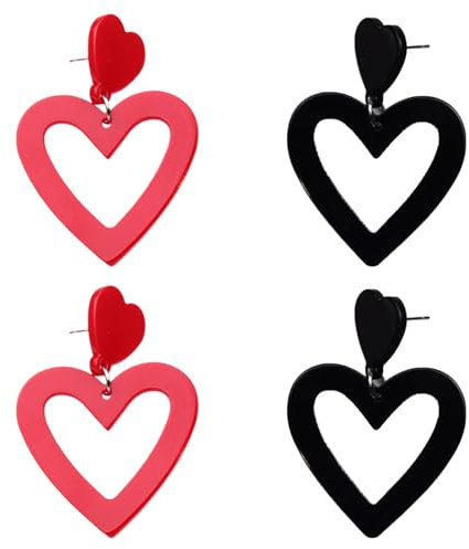 Acrylic Double Heart Earrings, 2 Pairs Retro Colorful Earrings, Women Heart Statement Earring for Valentine's Day Birthday (Rose Red + Black)