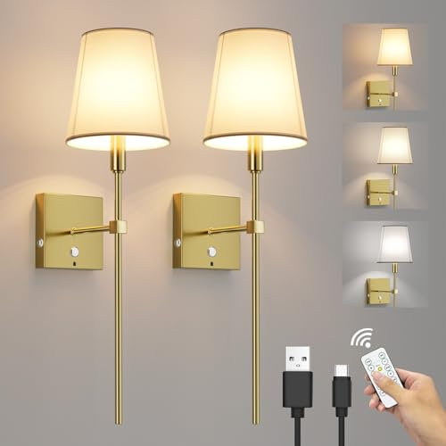 Coinmit 2 Stück kabellose wandleuchte mit Timer, 6000mAh wiederaufladbare Batterie wall lights, dimmbare Gold wand lampen,Touch-Wandleuchte mit Fernbedienung,Stoffschirme Wandleuchte für innen