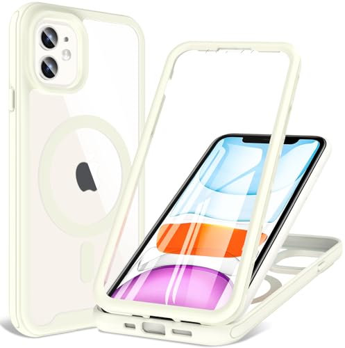 Hensinple Magnetisch Hülle für iPhone 11 Hülle 6,1 Zoll, Mit Eingebautem Displayschutz Kompatibel mit MagSafe, 360° Rundumschutz Stoßfest Schutzhülle Handyhülle für iPhone 11(Weiß)