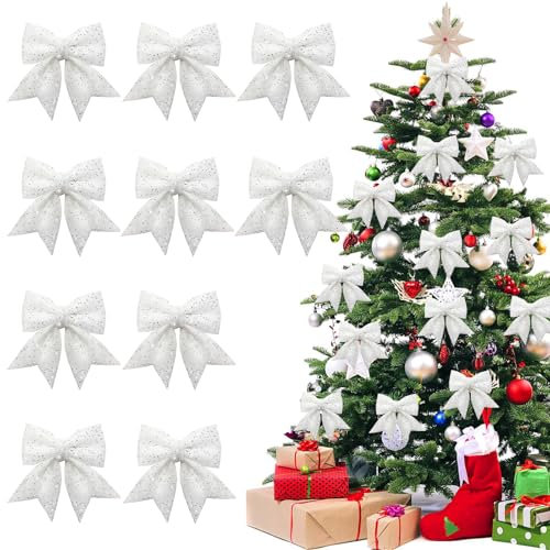 Hyran 10 Stück Schleifen Weihnachtsbaum, Glitzer Weihnachtsschleifen, Rote Schleifen Weihnachten, Geschenkschleifen, Weihnachtsbaum Deko (Weiß)