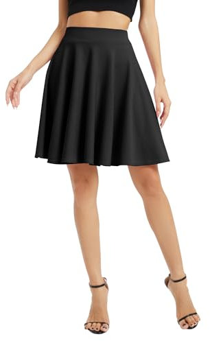 Damen Elegante Elastische Taille Ausgestellte A-Linie Midi Rock Basic Uniform Plissee Skater Röcke(XL, Schwarz)