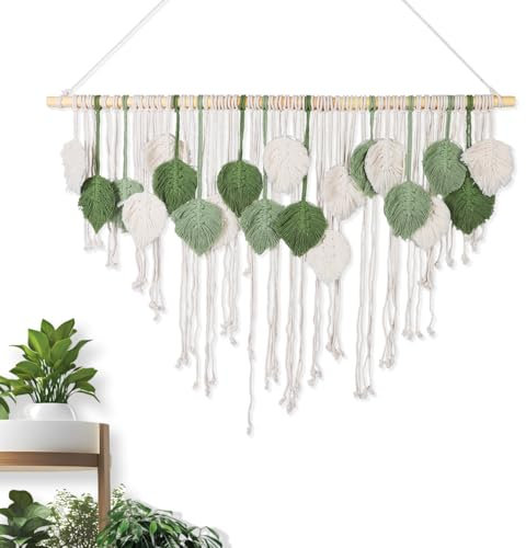 Tapiz de hojas tejidas a mano, estilo bohemio, decoración mural de hojas hechas a mano, para colgar en la pared, para apartamentos, salones, dormitorios (39 x 31 pulgadas)