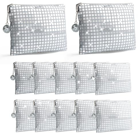 Disco Makeup Tasche 12er Set Mini Kosmetiktasche Damen für Hochzeit, Reise & 70er 80er Jahre Party Retro Glitzer Design Kosmetikbeutel Reisegröße, Wiederverwendbar(Silber)