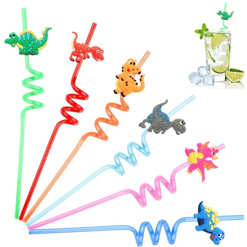 6 Stück Strohhalme Kinder, Wiederverwendbare Strohhalm, Dinosaurier Strohhalme Kindergeburtstag, Farbige Trinkhalme Plastik, Plastikstrohhalme für Kindergeburtstagsparty-Dekoration (Dinosaurier-6pcs)