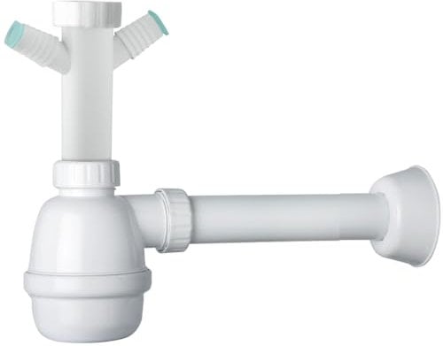 Schläfer 4395320 | Sifone Universale a Fiasco per Lavelli 11/2 con Doppio Attacco Lavastoviglie, Uscita Diam. 40mm x L. 250 mm, Entrata da L. 130 mm, Scarico Ispezionabile, Bianco.