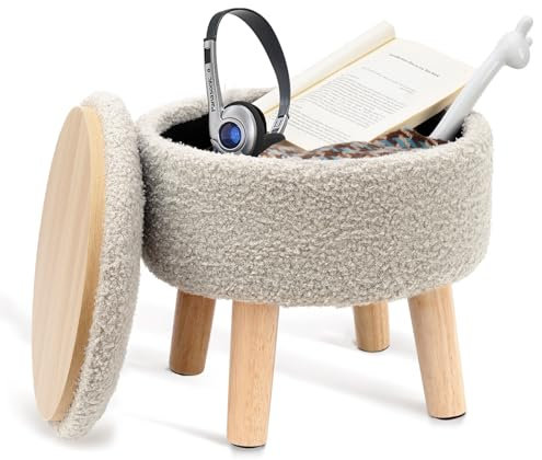 BRIAN & DANY Hocker mit Stauraum, Fußhocker mit Holz Beine und Deckel, Kleiner Rund Sitzhocker als Fußablage oder Fußstütze für Wohnzimmer Schlafzimmer, Ø 32x32 cm, Teddy, Grau