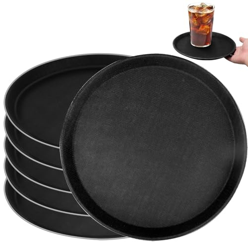 6 Pieces Restaurant Serving Tray, Non Slip Surface Round Tray Plastic Food Meals Server with Raised Edges for Parties, Gatherings, Bars, Restaurants and Home (Black)