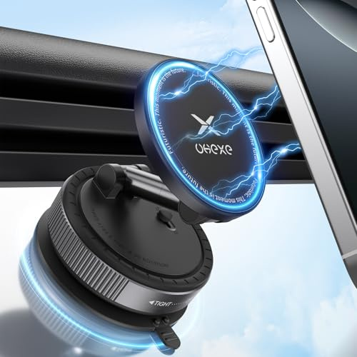 UKEXE Supporto da auto magnetico con ventosa per telefono cellulare Magsafe, Supporto telefono auto a ventosa ultra regolabile 360° per iPhone 17 Pro Max 16 15 14 13 12 Air Plus (Nero)