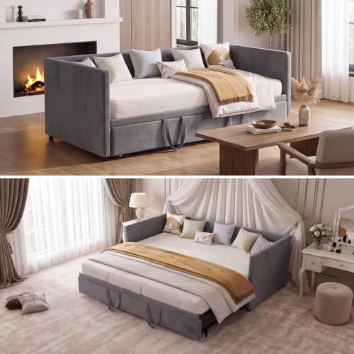 FOERPL Bäddsoffa, konvertibel 90/180 x 200 cm, 2-sits bäddsoffa, sammetstyg, utdragbar enkelsäng, dubbelsäng, utdragbar säng, utdragbar säng, vadderad säng, 2-personers säng, utan madrass