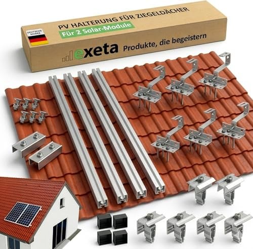 Exeta Solar Halterung Ziegeldach I Set für 2 PV Module 30-40mm I Solarmodul Halterung Balkonkraftwerk I Solarmodulbefestigungsset für Ziegeldächer aus Edelstahl 1.4301 I PV-Halterung Montageset