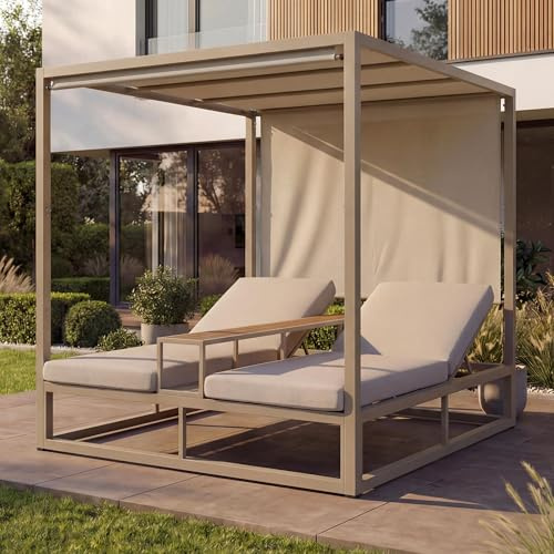 Mendler Alu Lounge-Gartenliege HWC-P81 - beige, Polster beige | Sonnenliege, Daybed, 10cm-Polster, 220g/m², 196x165x196cm