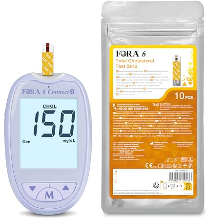 FORA 6-in-1 Cholesterin Messgerät mit Bluetooth, Starterset inkl. 10 Gesamtcholesterin-Teststreifen, Lavendel Lila