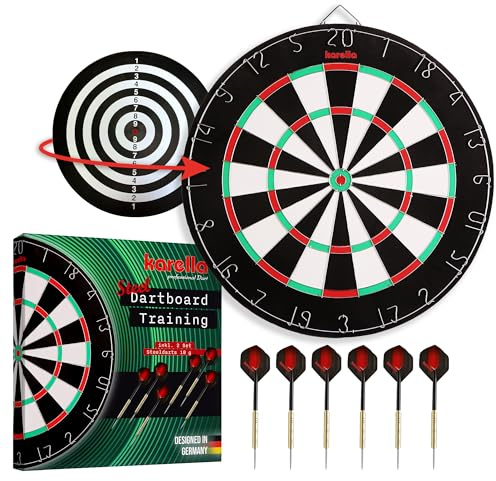 Karella Dartboard Training, mit Original Zahlenring, Turniergröße und Optik, preiswerte Freizeit Dartscheibe für Steeldarts, aus gepressten Holzfasern, 45 cm, beidseitig Bedruckt, inkl. 2 Satz Darts