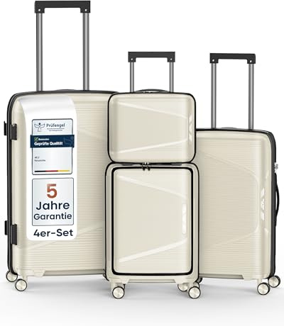4FLY Leichter Hartschalen-Reisekoffer Set 4-teilig, Koffer Set mit TSA-Schloss, Doppelreißverschluss, Doppelrollen & Aluminium-Teleskopgriff, Reisegepäck Set - Beauty Case, Handgepäck & Aufgabegepäck