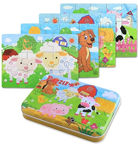 BBLIKE Puzzles Jigsaws for 2 3 4 Year Old - Pack of 4 Puzzles Toy in a Box for Age 2-5, Travel Games for on Plane Educational Learning Birthday Gift Present for Children Boys Girls (Farm Animal)