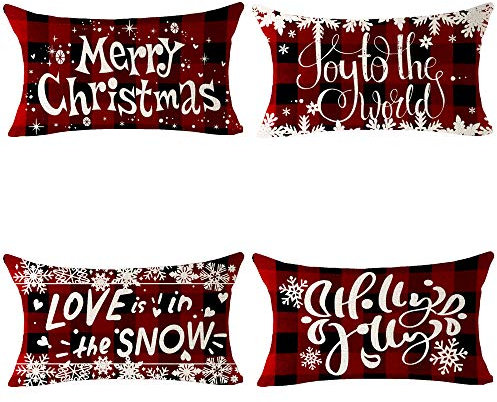 FELENIW Set of 4 Merry Christmas Joy to The World Holly Jolly Plaid Throw Pillow Cover Cushion Case Cotton Linen Material Decorative 12x20 inches
